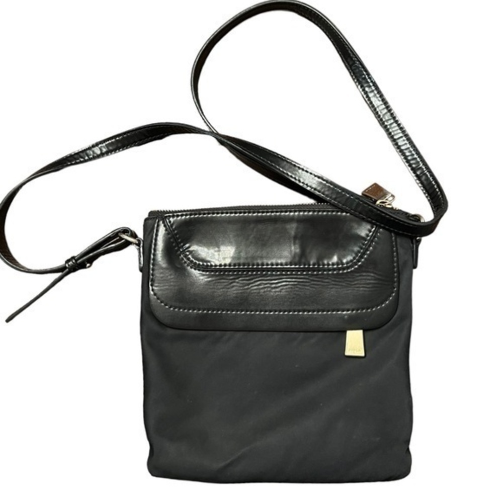 FURLA Italian made small black fabric & leather crossbody bag